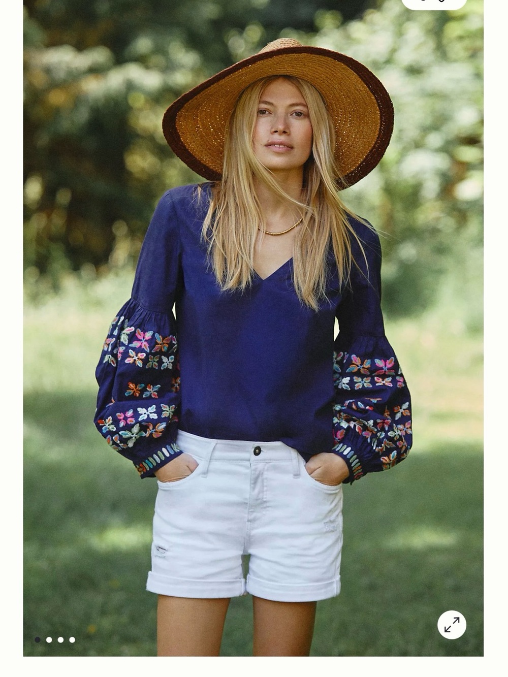Anthropologie Navy V-Neck Top with Multicolor Embroidered Balloon Sleeves